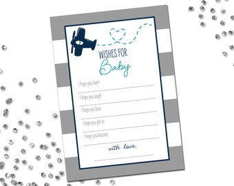 Wishes for Baby - Airplane Baby Shower - Airplane Printable - Grey and White Stripes - Aqua Navy Blue White - INSTANT DOWNLOAD - Printable