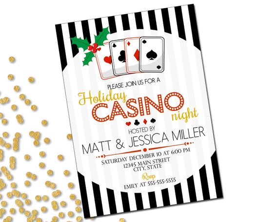 Holiday Party Invitation - Casino Holiday Party - Casino Night - Christmas Party - Portrait - Red Green Gold - Stripes - Printable Il_570xn