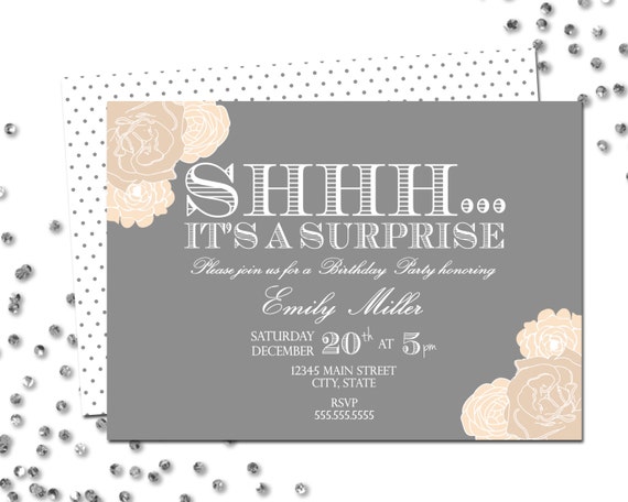 Surprise Birthday Party Invitation - Surprise Birthday - Grey and Tan Cream Flowers - Polka Dot BACKSIDE INCLUDED - Printable Il_570xn