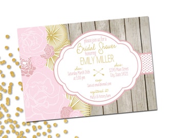 Bridal Shower Invitation - Flowers - Floral Bridal Shower - Pink Blush and Gold - Wood Background - Printable