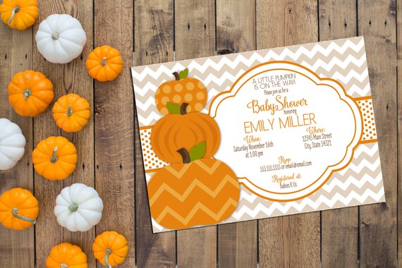 Little Pumpkin Baby Shower Invitation - Fall Baby Shower - Tan Brown and Orange - Chevron Stripes - Printable Il_570xn