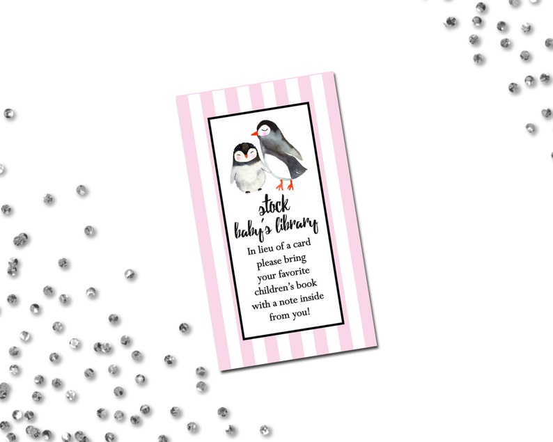 Book Request Penguin Baby Shower Winter Wonderland Baby Shower Watercolor Penguins Pink Stripes INSTANT DOWNLOAD Printable image 1