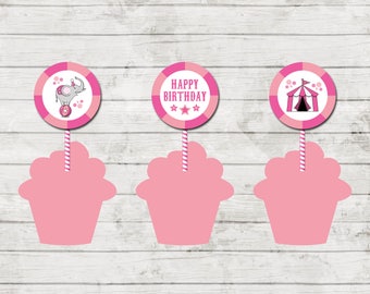 Cupcake Toppers - Circus Carnival Theme Birthday Party - Pink - Party Circles - INSTANT DOWNLOAD - Printable