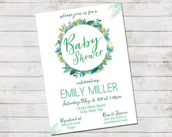 Tropical Baby Shower Invitation - Tropical Flowers Baby Shower - Luau Baby Shower - Green Leaves Wreath - Printable