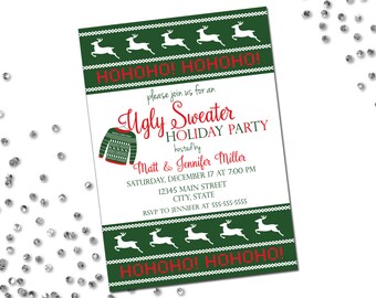 Ugly Sweater Holiday Party Invitation - Ugly Sweater Invitation - Deer Ugly Sweater - Holiday Party -  Green Red White  - Printable