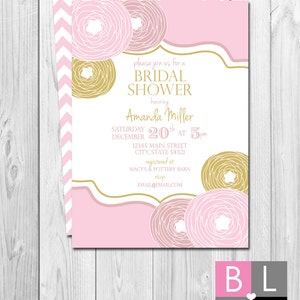 Bridal Shower Invitation Pink Blush and Gold Flowers Chevron Stripes BACKSIDE INCLUDED DIY Printable image 1