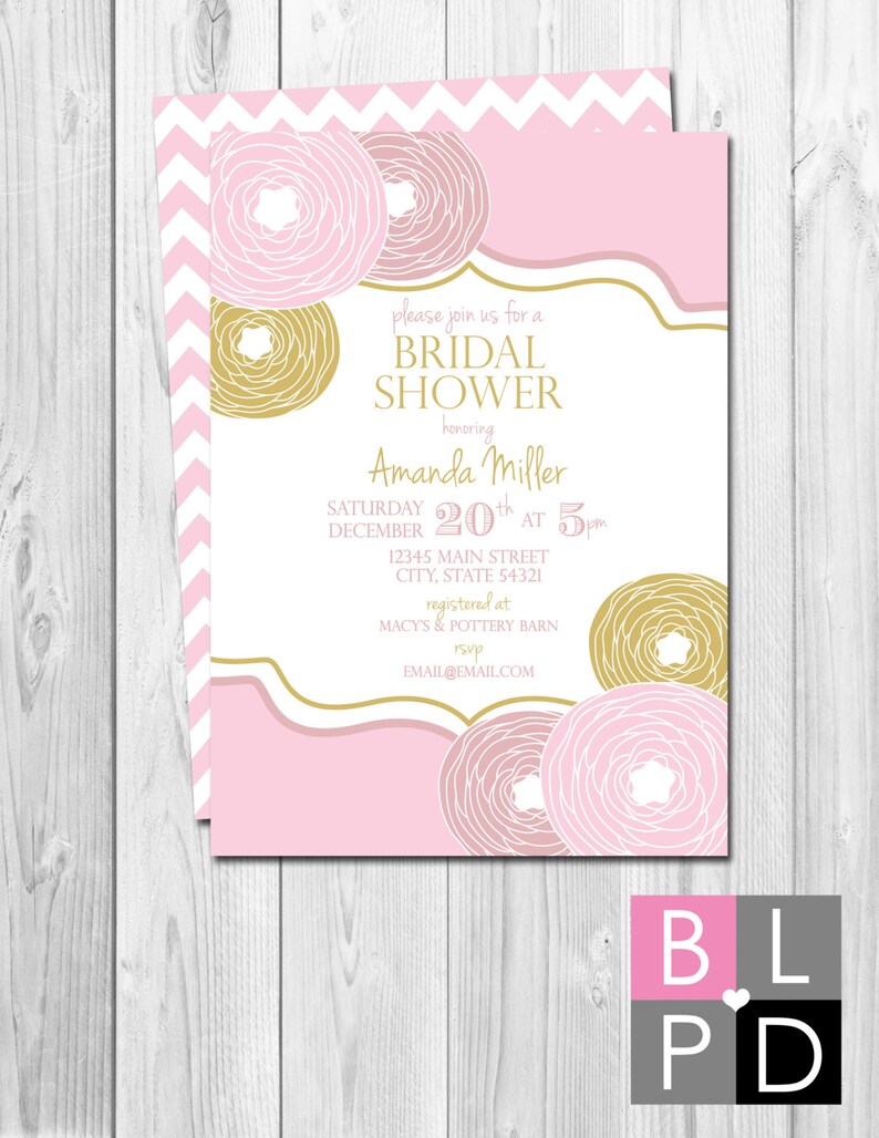 Bridal Shower Invitation Pink Blush and Gold Flowers Chevron Stripes BACKSIDE INCLUDED DIY Printable image 1