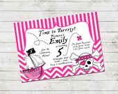 Pirate Princess Theme Birthday Party Invitation - Pirate Birthday - Pink and Black - Chevron Stripes - Vertical Stripes - Printable Il_170x135