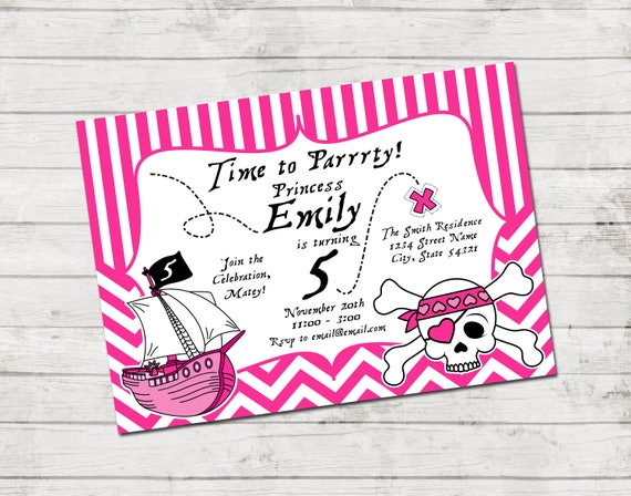 Pirate Princess Theme Birthday Party Invitation - Pirate Birthday - Pink and Black - Chevron Stripes - Vertical Stripes - Printable Il_570xn