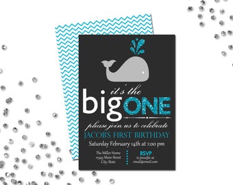 Whale First Birthday Party Invitation - The Big One - Blue Glitter Image and Dark Grey - Chevron Stripes BACKSIDE INCLUDED - DIY - Printable