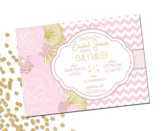 Bridal Shower Invitation - Flowers - Floral Bridal Shower - Pink Blush and Gold - Printable
