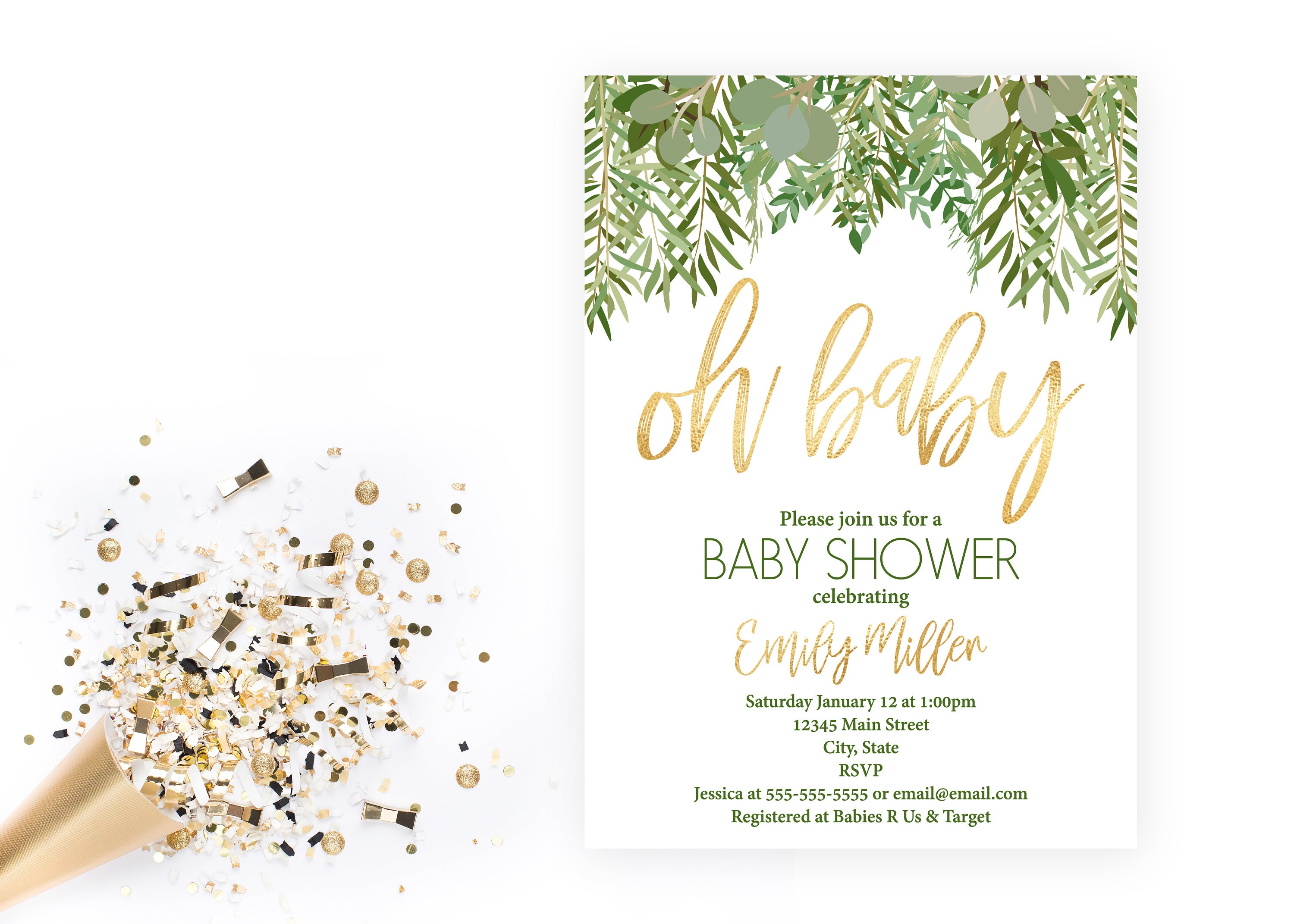 Green Leaves And Gold Baby Shower Invitation Oh Baby Etsy