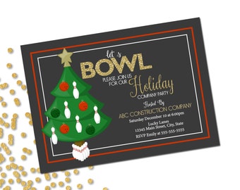 Company Holiday Party Invitation - Bowling Party - Holiday Bowling Party - Company Holiday Party - Gold Gray White - Printable