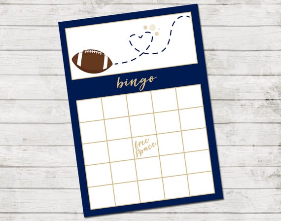 Bingo Card - Football Baby Shower - Baby Shower Game - Football and Heart - Blue and Tan Brown - INSTANT DOWNLOAD - Printable Il_570xn