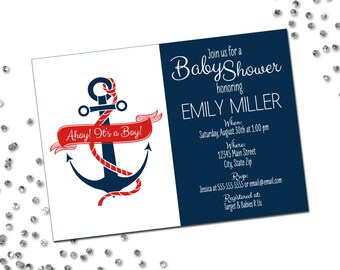 Nautical Baby Shower Invitation - Ahoy Its A Boy - Anchor - Navy Blue and Red - Printable