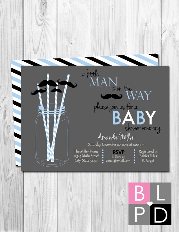 Baby Shower Invitation - Mustache Bash - Little Man - Blue Grey Black and White - BACKSIDE INCLUDED - DIY - Printable Il_570xn