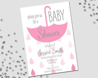 Umbrella Baby Shower Invitation - Hanging Umbrella and Faded Raindrops - Pink and Grey - Printable