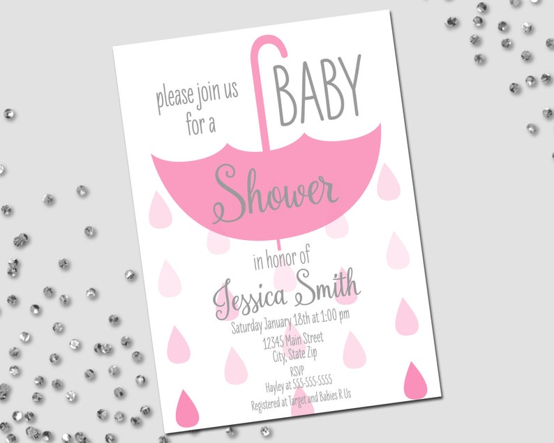 Umbrella Baby Shower Invitation Hanging Umbrella and Faded Raindrops Pink and Grey Printable image 1