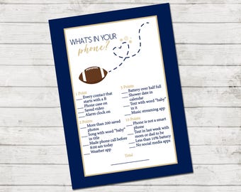 What's In Your Phone Game - Football Baby Shower - Baby Shower Game - Football and Heart - Blue and Tan Brown - INSTANT DOWNLOAD - Printable