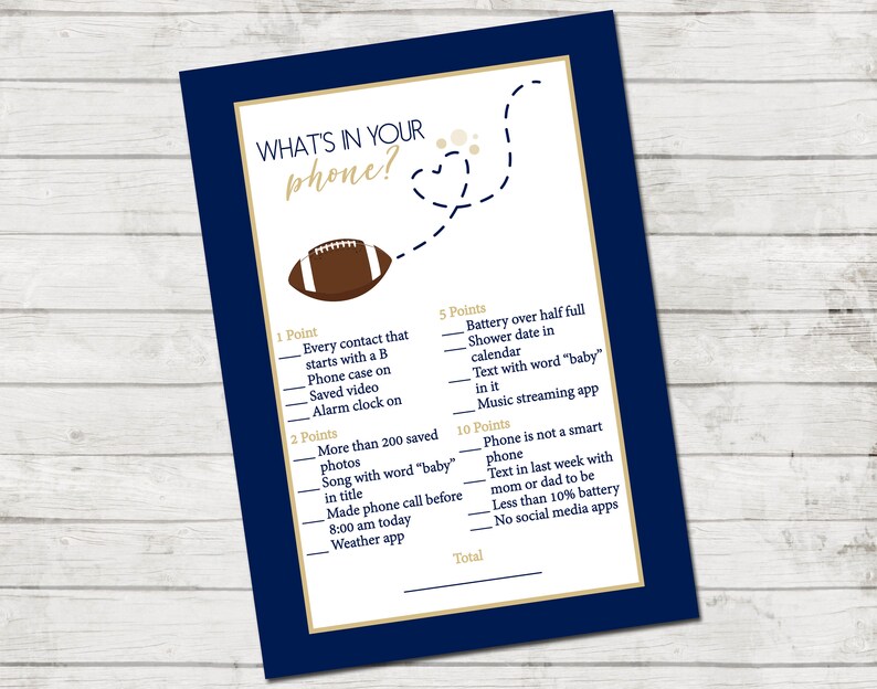 What's In Your Phone Game Football Baby Shower Baby Shower Game Football and Heart Blue and Tan Brown INSTANT DOWNLOAD Printable image 1