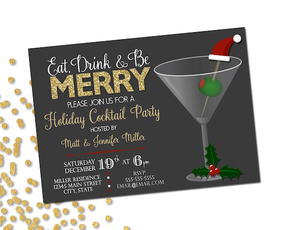 Holiday Cocktail Party Invitation - Eat Drink Be Merry - Christmas Party - Santa Hat Martini - Red Green Grey Gold - Printable Il_570xn