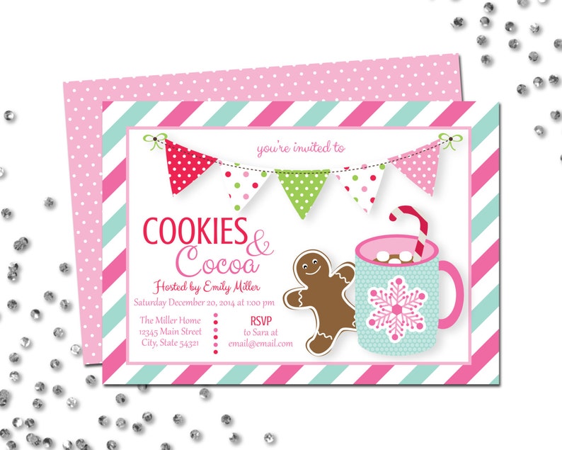 Holiday Party Invitation Cookies & Cocoa Invitation Gingerbread Man Pink Blue Red Stripes Polka Dot BACKSIDE INCLUDED Printable image 1