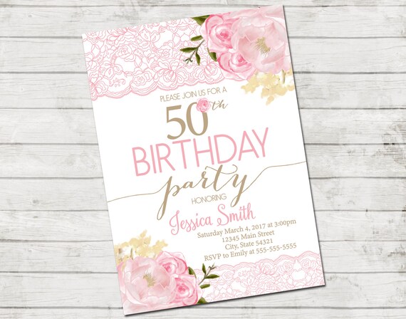 50th Birthday Party Invitation - 50th Birthday - Flowers and Lace - Pink Blush Tan White - Printable Il_570xn
