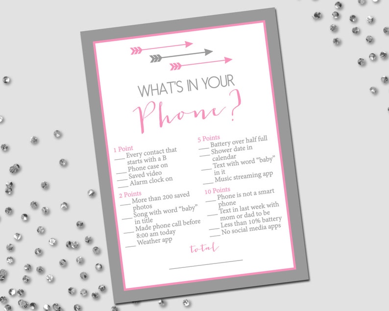 What's In Your Phone Game Arrow Baby Shower Modern Baby Shower Pink White and Grey INSTANT DOWNLOAD Printable image 1