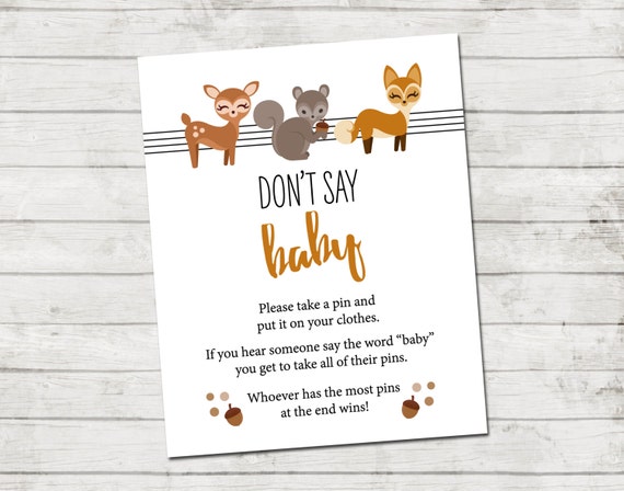 Don't Say Baby Game - Woodland Baby Shower - Animals Baby Shower - Deer Squirrel Fox - Black Brown and White - INSTANT DOWNLOAD - Printable Il_570xn