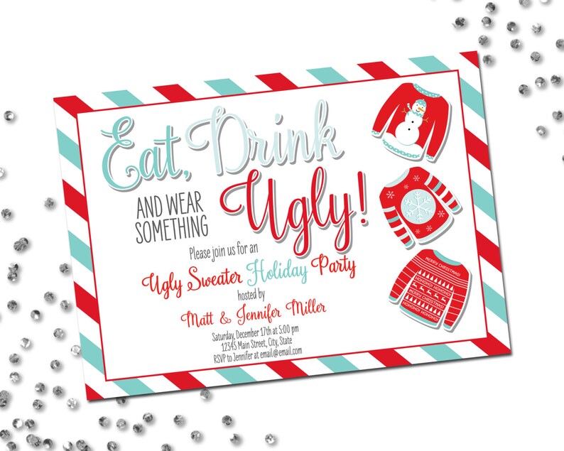 Ugly Sweater Holiday Party Invitation Eat Drink Wear Something Ugly Ugly Sweater Party Holiday Party Red Blue and White Printable image 1
