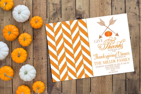 Thanksgiving Dinner Party Invitation - Thanksgiving Invitation - Pumpkins and Arrows - Herringbone - Orange Gold and Tan - Printable Il_570xn