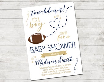 Football Baby Shower Invitation - Football Baby Shower - Football and Heart - Blue and Tan Brown - Printable