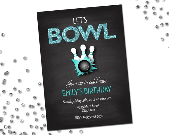 Bowling Party Invitation - Let's Bowl - Turqouise Glitter and Chalkboard - Printable Il_570xn