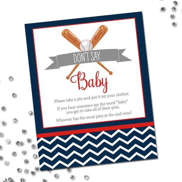 Don't Say Baby Game - Baseball Baby Shower - Chevron Stripes - Navy Blue Red and Grey - INSTANT DOWNLOAD - Printable