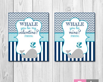 Whale Valentines - INSTANT DOWNLOAD - Printable Valentines Cards - Blue and Grey Whale
