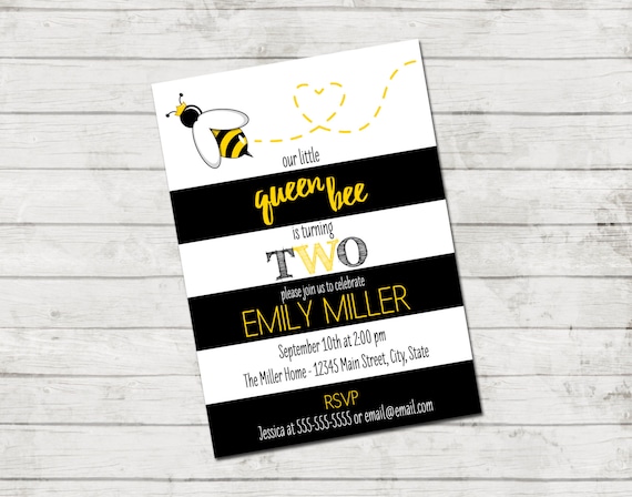 Bee Birthday Party Invitation - Queen Bee Birthday Invite - Bee Invitation - Large Black and White Stripes - Yellow Black - Printable Il_570xn