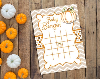 INSTANT DOWNLOAD - Baby Shower Bingo - Pumpkin Baby Shower - Tan Orange and Gold - Large Chevron Stripes - Printable