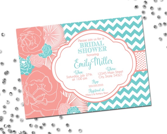 Bridal Shower Invitation - Flower Bridal Shower - Big Coral and Turquoise Blooms - Chevron Stripes - Printable Il_570xn