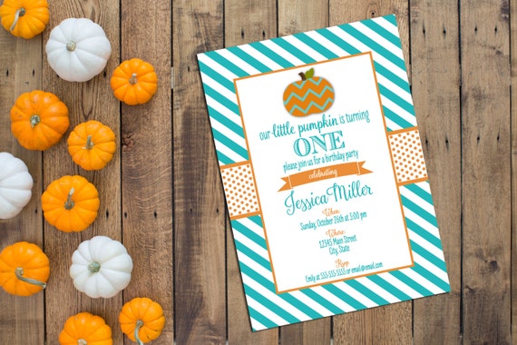 Little Pumpkin Birthday Party Invitation - Fall Birthday Party - Teal and Orange Stripes - Printable Il_570xn