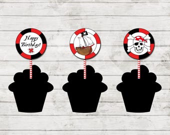 Cupcake Toppers - Pirate Theme Birthday Party - Red and Black - Party Circles - INSTANT DOWNLOAD - Printable