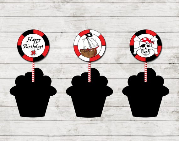 Cupcake Toppers - Pirate Theme Birthday Party - Red and Black - Party Circles - INSTANT DOWNLOAD - Printable Il_570xn