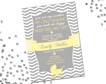 You Are My Sunshine Baby Shower Invitation - Chevron Stripes - Grey and Yellow - Classic Layout - Printable