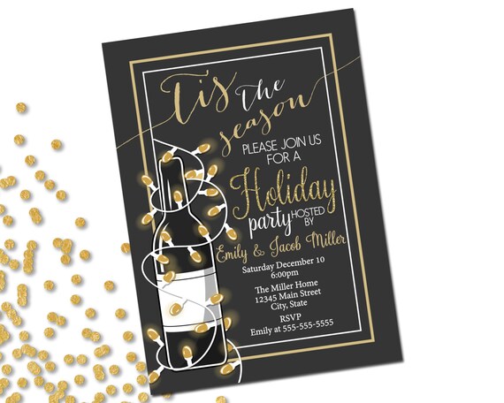 Holiday Party Invitation - Dinner & Wine Holiday Invite - Christmas Party - Holiday Party - Wine Bottle Lights - Gray White GoldPrintable Il_570xn