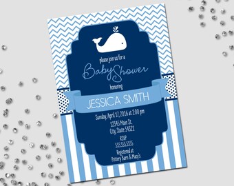 Little Whale Baby Shower Invitation - Little Whale - Chevron Stripes and Stripes - Navy and Baby Blue - Printable