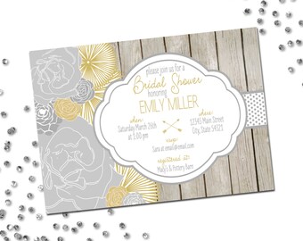 Bridal Shower Invitation - Flowers - Floral Bridal Shower - Grey and Gold - Wood Background - Printable