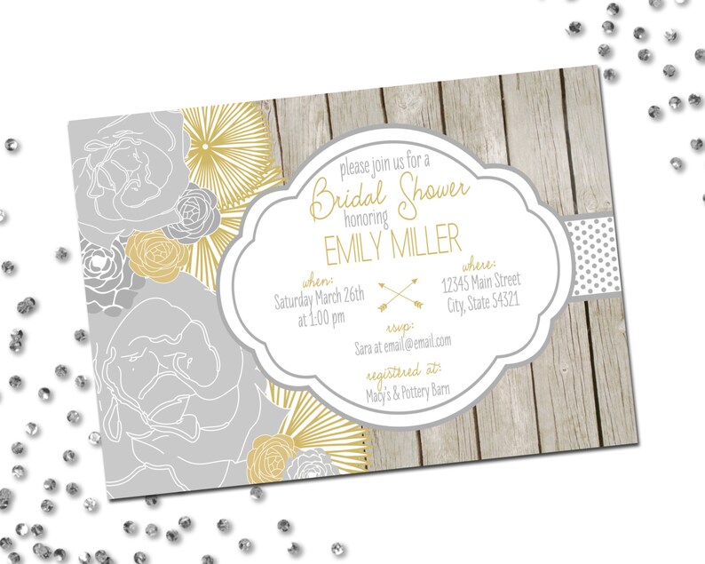 Bridal Shower Invitation Flowers Floral Bridal Shower Grey and Gold Wood Background Printable image 1