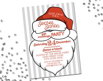 Holiday Party Invitation - Secret Santa - Christmas Party - Holiday Party - Santa Hat - Gift Exchange - Red Gray White - Printable