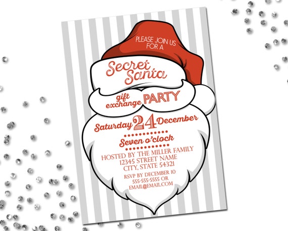 Holiday Party Invitation - Secret Santa - Christmas Party - Holiday Party - Santa Hat - Gift Exchange - Red Gray White - Printable Il_570xn
