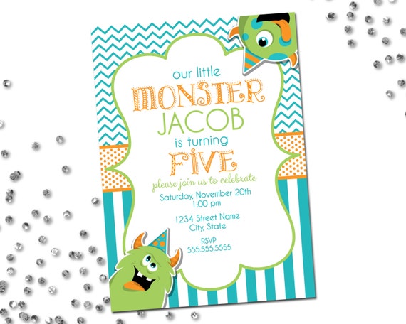 Monster Birthday Party Invitation - Little Monster - Chevron Stripes and Polka Dots - Blue Green and Orange - Printable Il_570xn