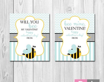 Bee Valentines - INSTANT DOWNLOAD - Printable Valentines Cards - Bee Mine - Bee My Valentine - Blue